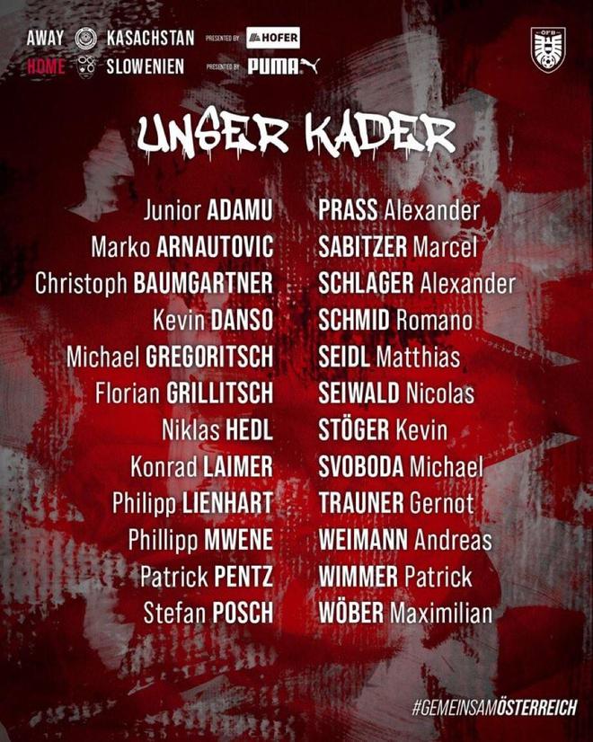 奧地利新名單：阿瑙、薩比策、萊默爾領(lǐng)銜。