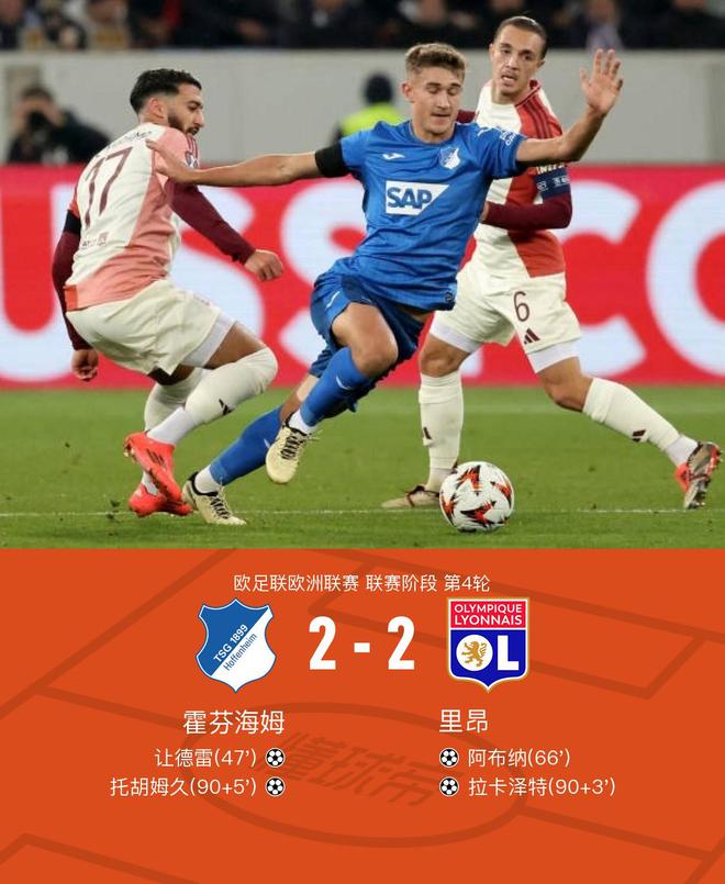 霍芬海姆平里昂，拉卡澤特進(jìn)球，托胡姆補(bǔ)時(shí)絕平。