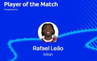 萊奧當(dāng)選全場(chǎng)最佳，替補(bǔ)建功！米蘭3-2布拉迪斯拉發(fā)。