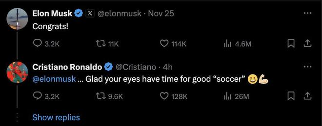 馬斯克祝賀C羅勝，C羅感謝關注“足球”