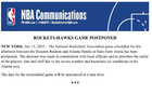 NBA官宣：因惡劣天氣，火箭老鷹比賽改日重賽