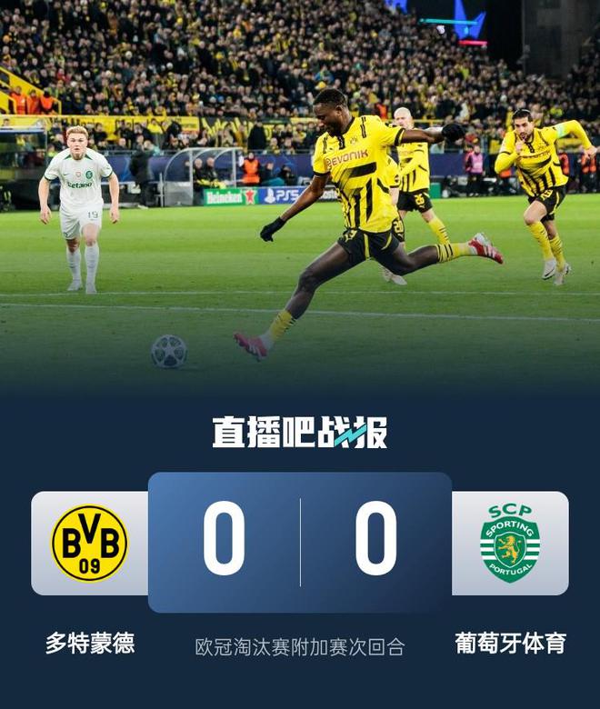 多特晉級16強(qiáng)，0-0后總分3-0葡體，阿德耶米造點(diǎn)，吉拉西失點(diǎn)。