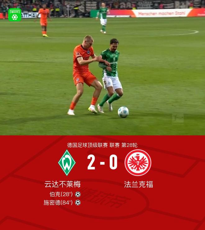 不萊梅勝法蘭克福，施密德助攻，伯克進(jìn)球，2-0
