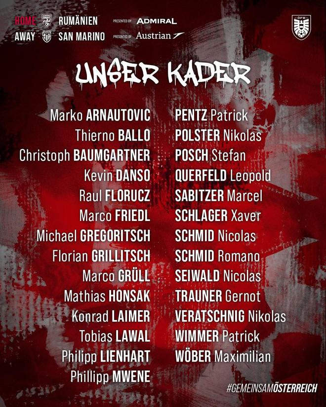 奧地利世預(yù)賽大名單：阿瑙托維奇領(lǐng)銜，薩萊默爾等入選